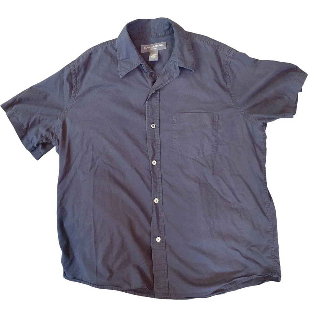 Banana Republic Mens Relaxed Fit Short Slv Button Down Shirt Black Cotton M.A018